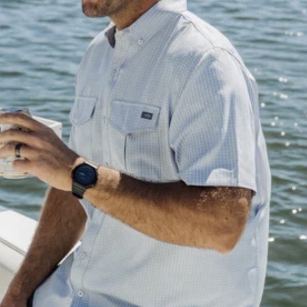 AFTCO Fishing Shirt Mens Aftech Vented Blue Plaid Button Down Short Sleeve Small